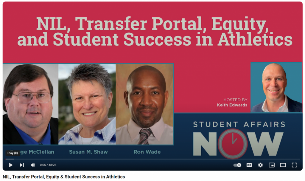 Image shows a screenshot of a YouTube preview featuring three speakers and one host on the channel Student Affairs Now.